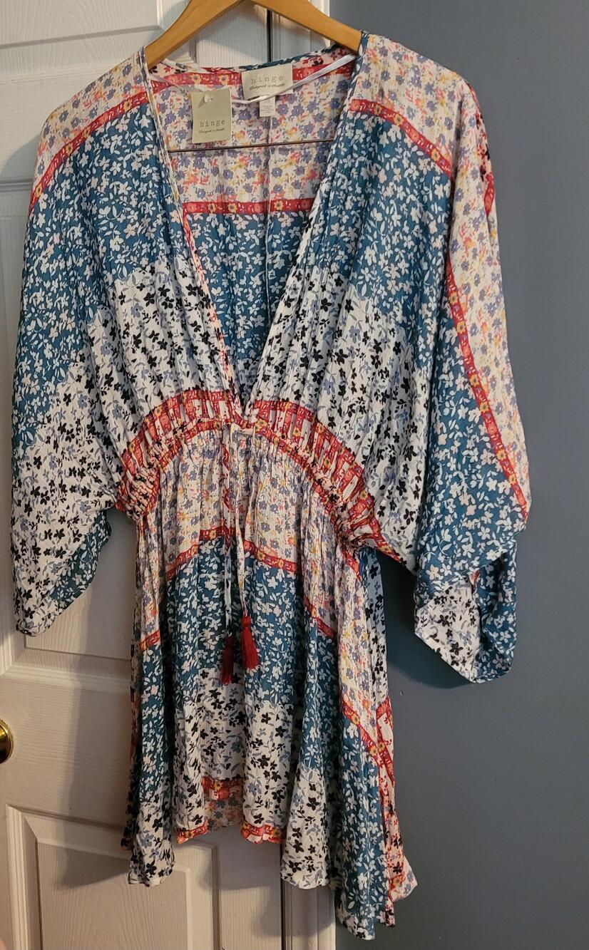 Hinge Kaftan Dress Top Womens One Size Multicolor Floral Kimono Tassel Boho NWT
